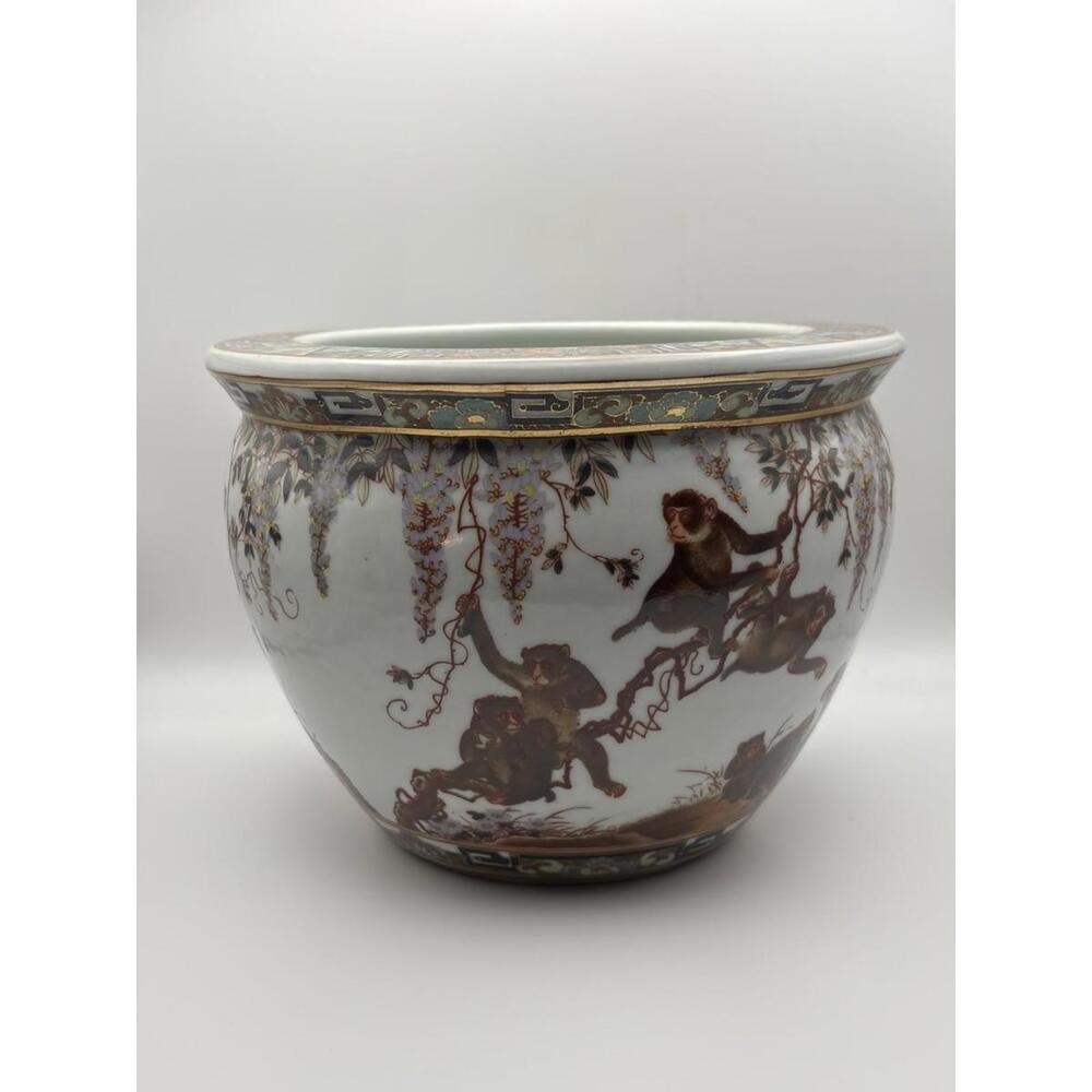 Early 20thC Chinese Porcelain Monkey Cachepot Hand Painted Signed Planter